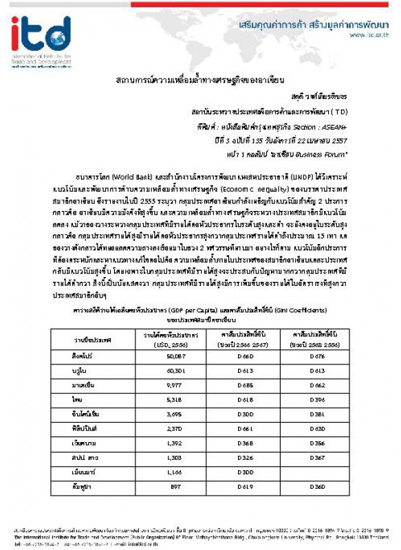 สถานการณ์ความเหลื่อมล้ำทางเศรษฐกิจของอาเซียน  สถานการณ์ความเหลื่อมล้ำทางเศรษฐกิจของอาเซียน