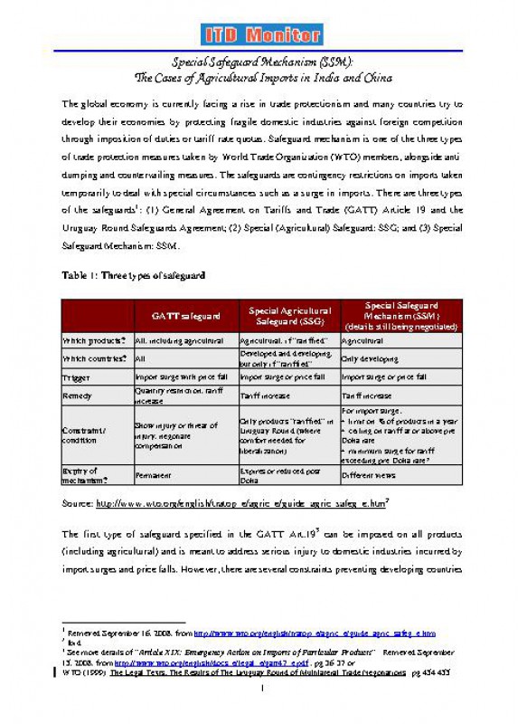 Special Safeguard Mechanism (SSM): The Cases of Agricultural Imports in India and China