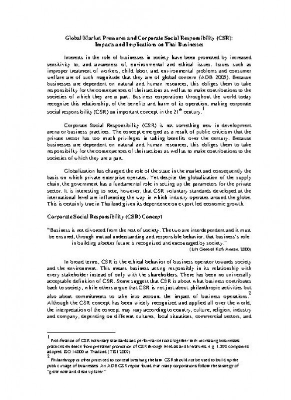 Global Market Pressures and Corporate Social Responsibility (CSR): Impacts and Implications on Thai Businesses Global Market Pressures and Corporate Social Responsibility (CSR): Impacts and Implications on Thai Businesses