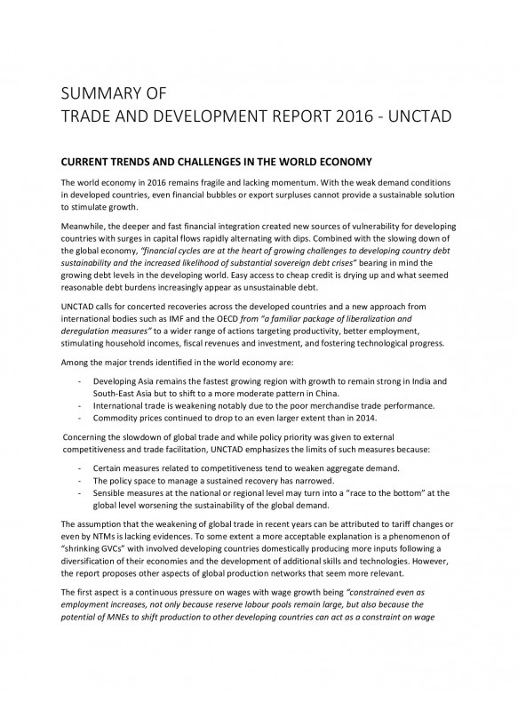 Summary of Trade and Development Report 2016 – UNCTAD